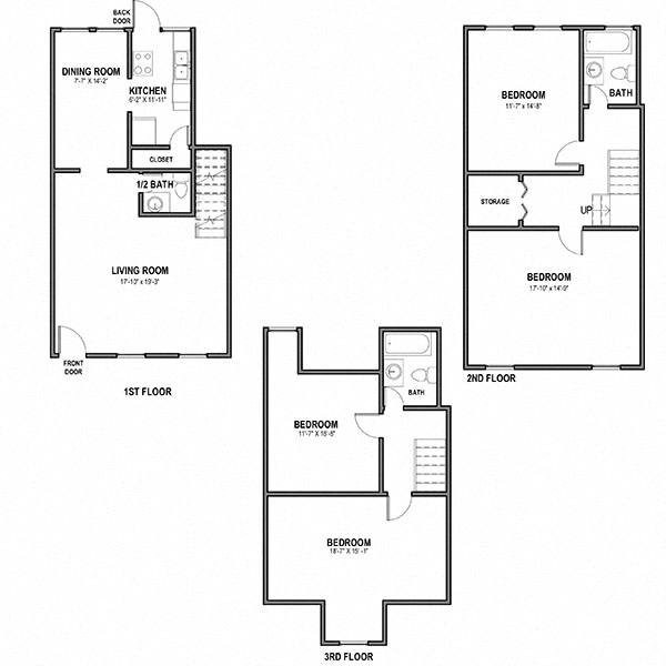 Floor plan for 4 beds, 2.5 baths, 1600 sqft